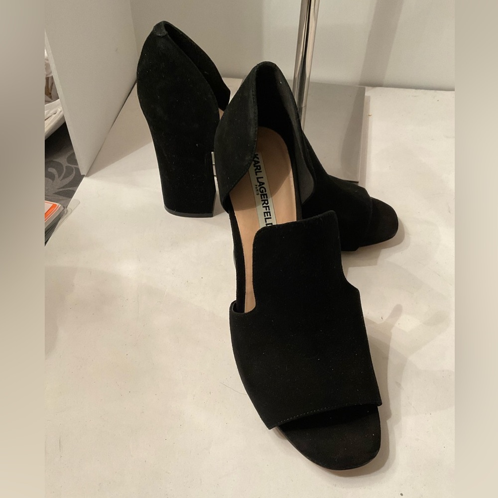 Karl Lagerfeld black suede open toe heels